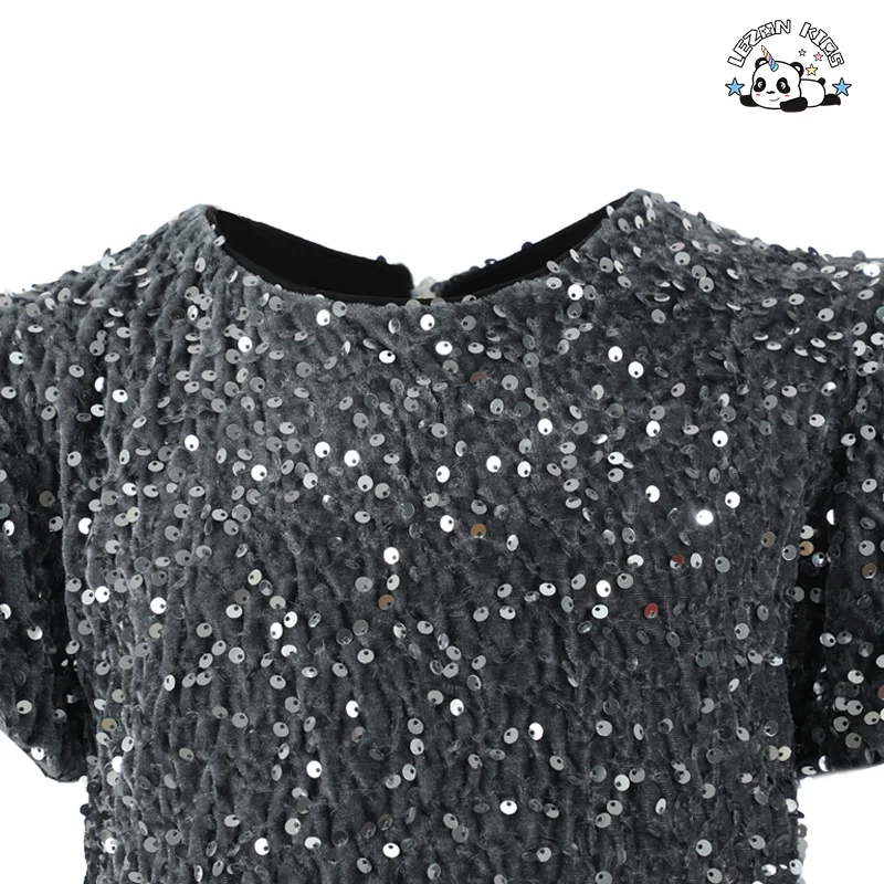 LEZONKIDS - Vestido curto com lantejoulas e mangas curtas para meninas, moda infantil, vestido solto em forma de A para aniversário